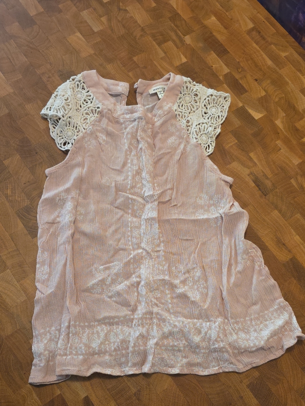 10/$10 Monteau Light Pink Dress with Cream Crochet  Lace Sleeves